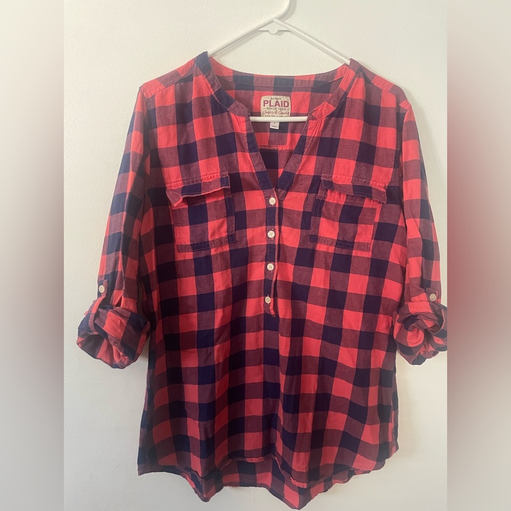 Womens Large Red and Blue Plaid Top